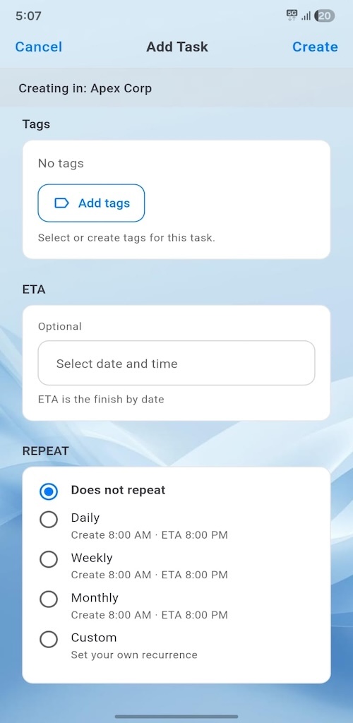 Add task — tags, ETA, repeat